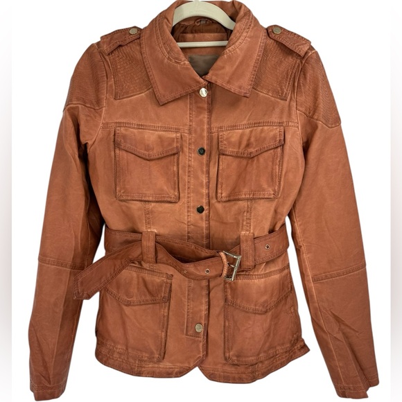 Bata Utility Moto Jacket Belted Rust Brown Safari Style Cargo Pockets Epaulet - Picture 2 of 14